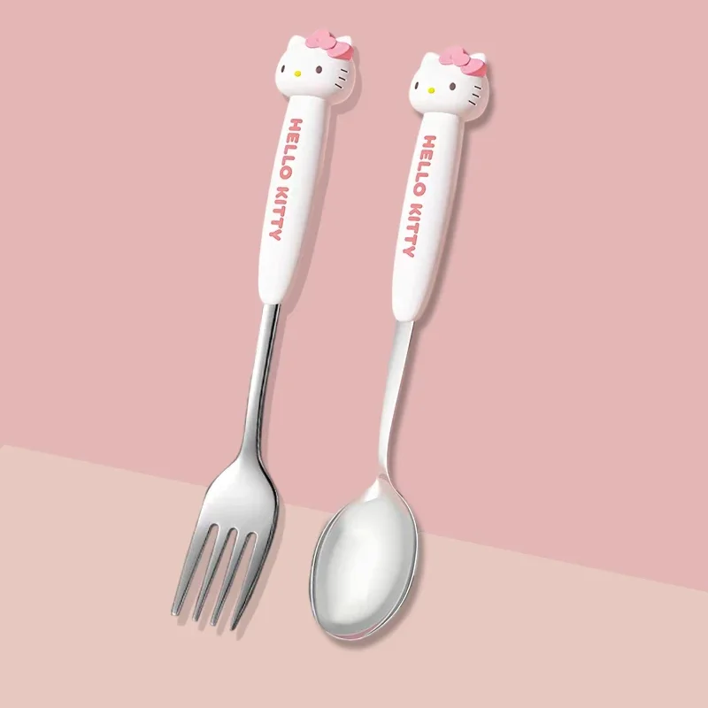 Sanrio Hello Kitty Stainless Steel Spoon Forks anime Cinnamoroll Melody Portable Utensils Feeding Tableware Set Girls Kids Gift