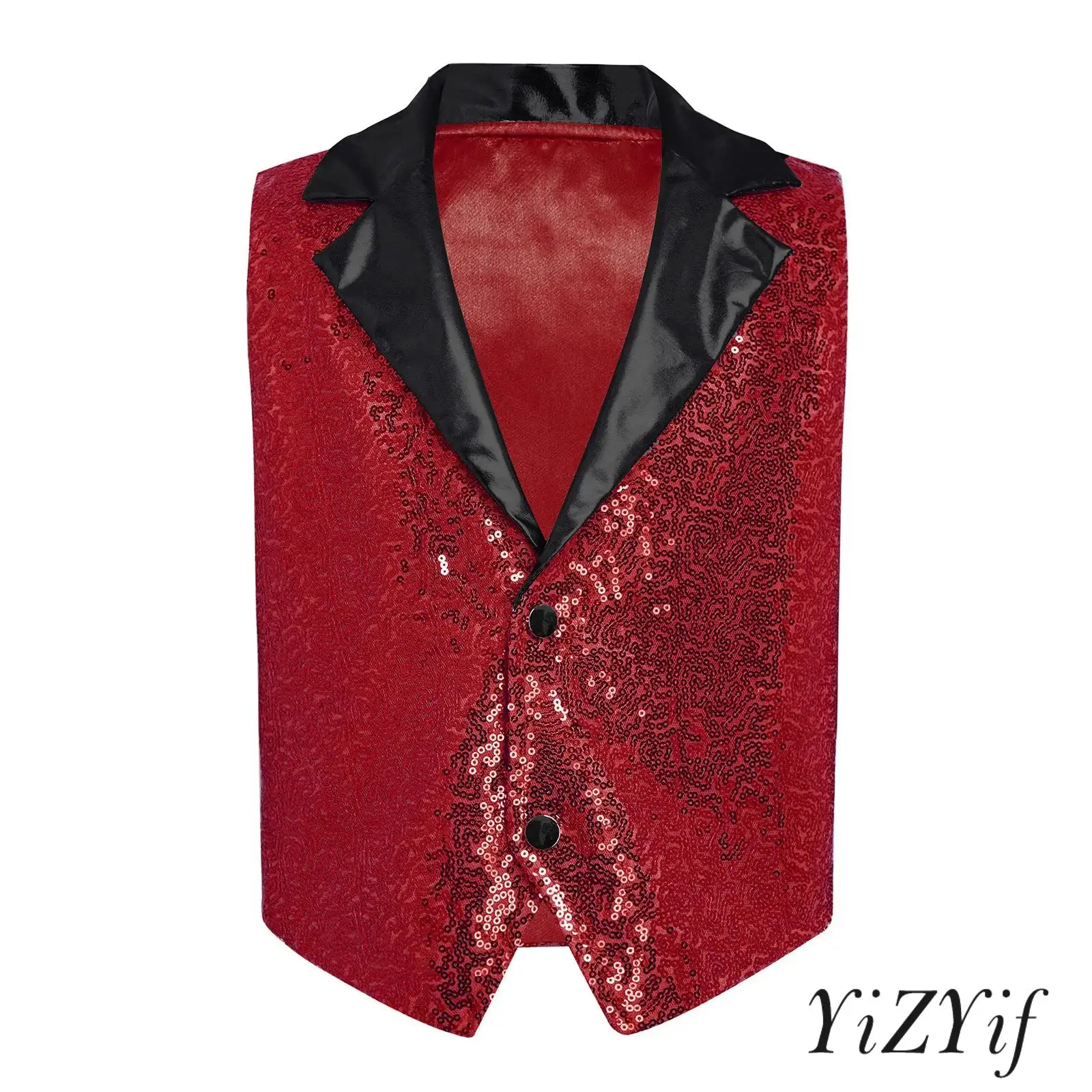 

Kids Boy Jazz Dance Party Outfit Sparkling Sequin Vest Metallic Lapel Collar Sleeveless Press Button Asymmetrical Hem Dance Tops