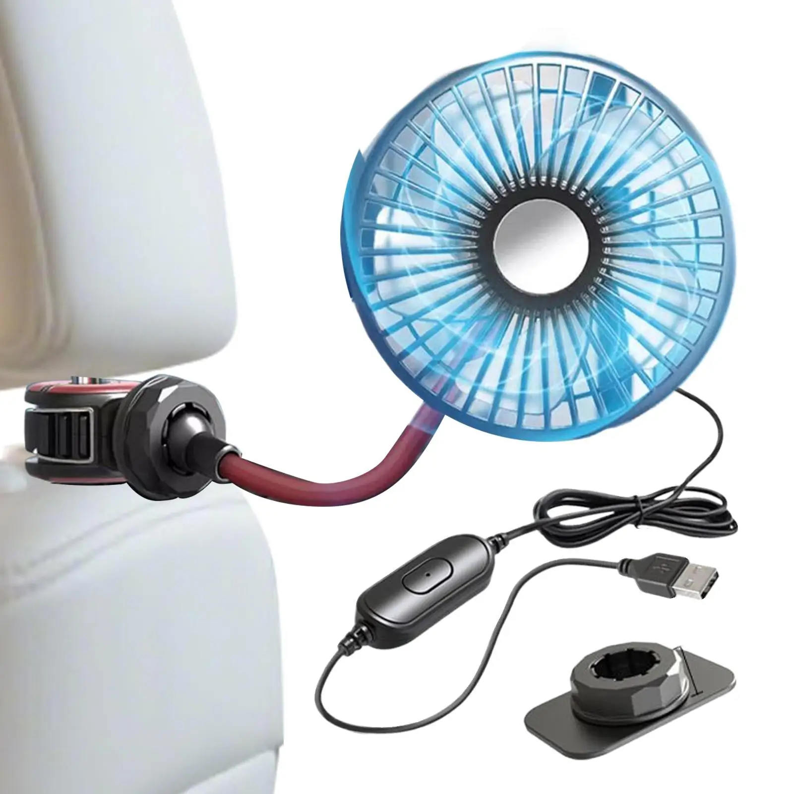 Portable Car Fan 3 Speeds Adjustable Car Seat Cooling Fan Powerful USB Cooler Gadgets Enhance Air Circulation for Truck Golf
