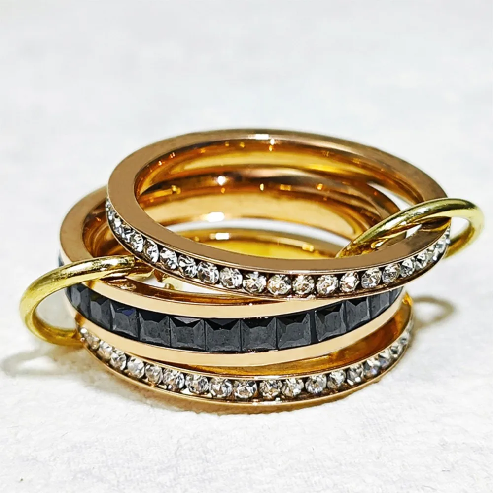Black Zircon Stainless Steel Rings Stack Set Luxury Rose Gold Color Spinelli Rings For Women Wedding Finger Jewelry Trend 2025