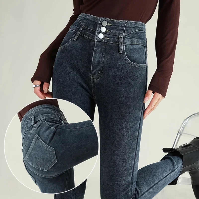 Jeans elasticizzati a vita alta da donna nuovi Blu Nero Grigio Pantaloni lunghi in denim slim popolari multi-bottone alla moda e versatili Donna