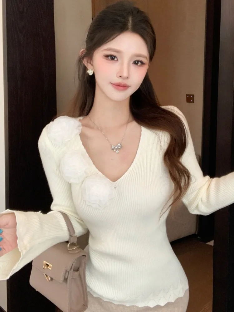 

Pure Desire Style Versatile V-Neck Lace Splice Knitted Sweater Women's Spring Autumn Slim Fit Inner Gentle Base Top