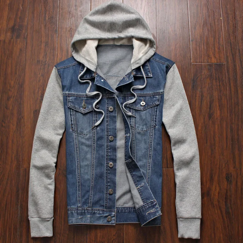 Men's New Fall And Winter Jacket Slim Fake Two Pieces Denim Jacket Hooded Jacket