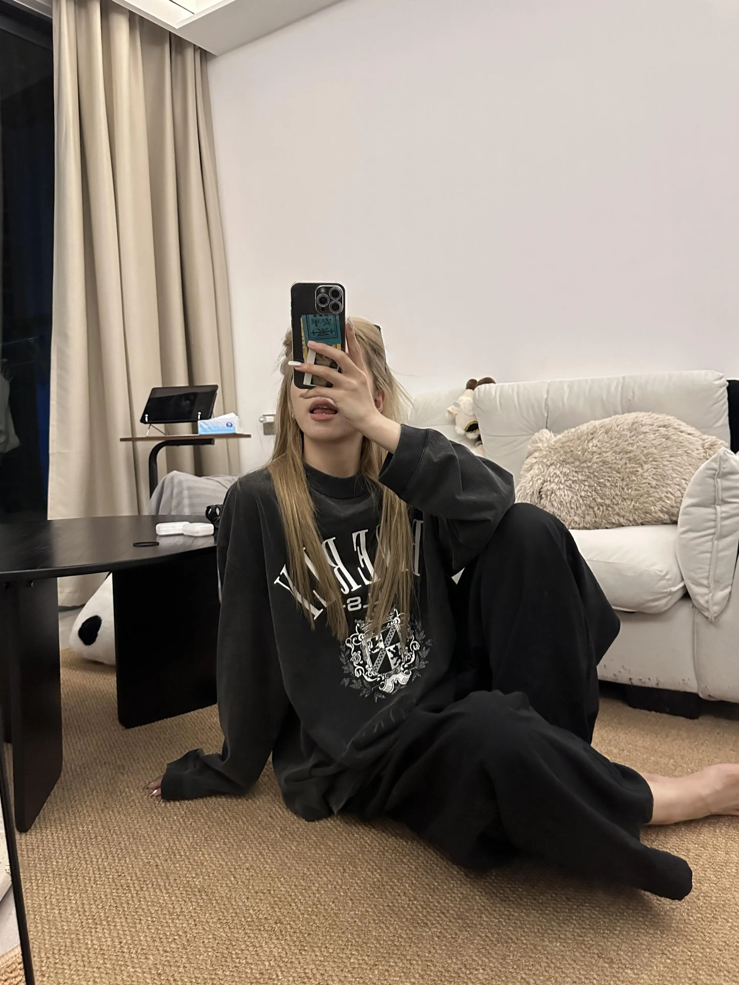 Sakura Cotton Long Sleeve T-Shirt Women Loose Fit round Neck Printed Casual Style Autumn Fashion Black Washed Letter Tee