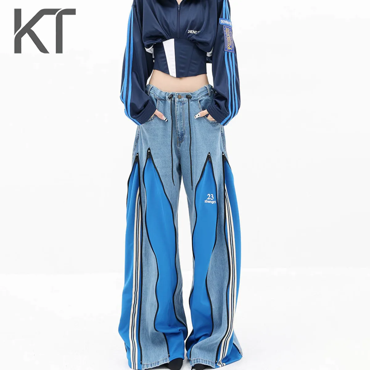 

Женские повседневные джинсы KT с широкими штанинами, весна-лето 2026, с пэчворком и принтом в виде пламени, на шнурке, джинсовые брюки