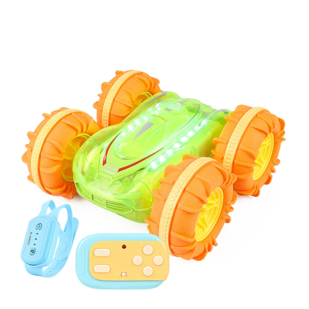 2.4G RC Stunt Car Transparent Light Amphibious Vehicle Double Sided Stunt RC Car Gesture Rolling Toys for Kids Green