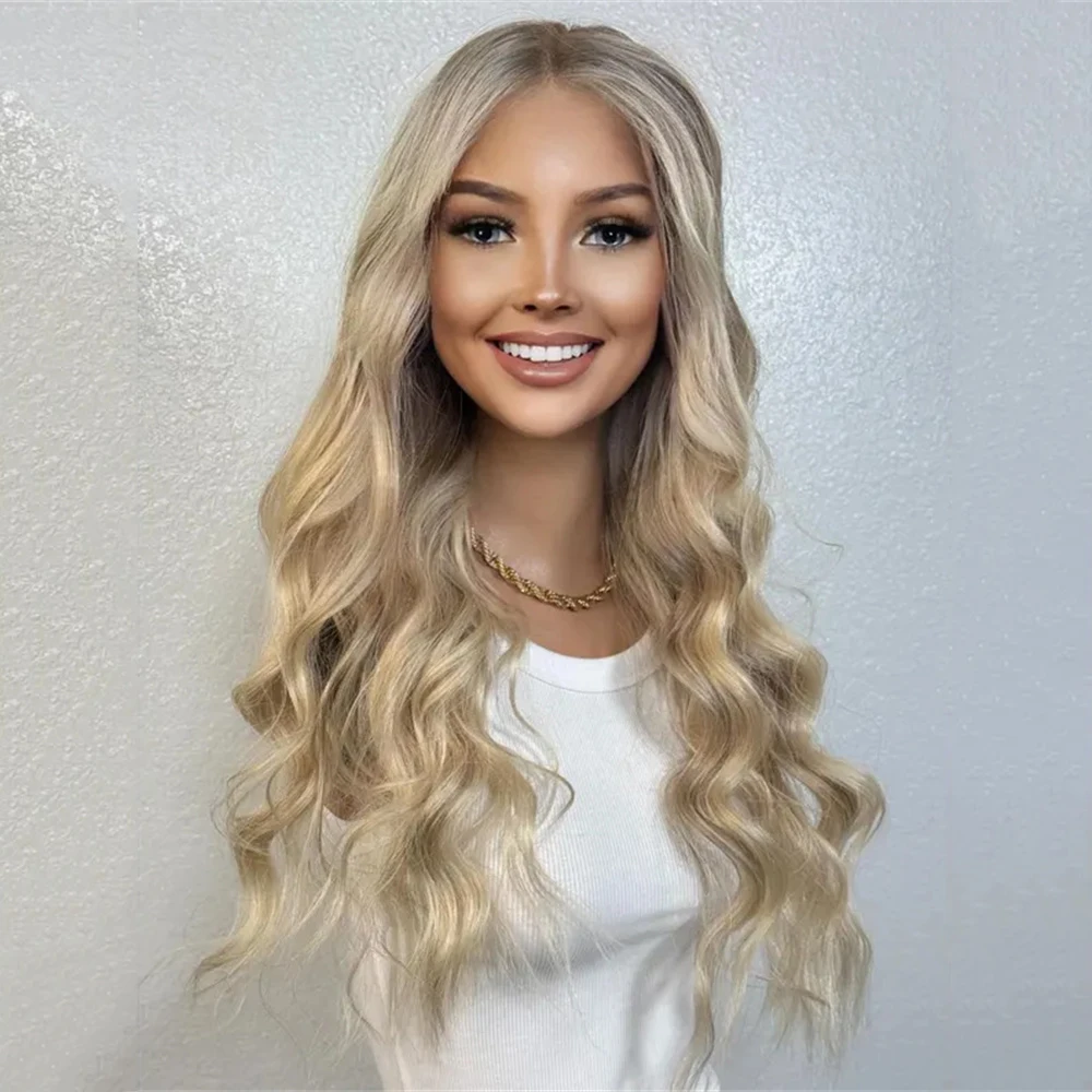Buttery Blonde Wig Balayage Synthetic Hair Wavy Champagne Highlights Wig w Shadow Roots HD Lace Front Wig for Women Wear& Go
