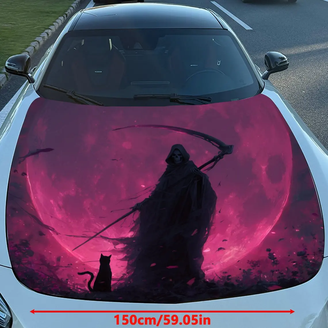 Death And Black Cat Vinyl Decal - Universal Fit Paper Material Car Hood Wrap, Automotive Exterior Bonnet Sticker, Vehicle Modifi