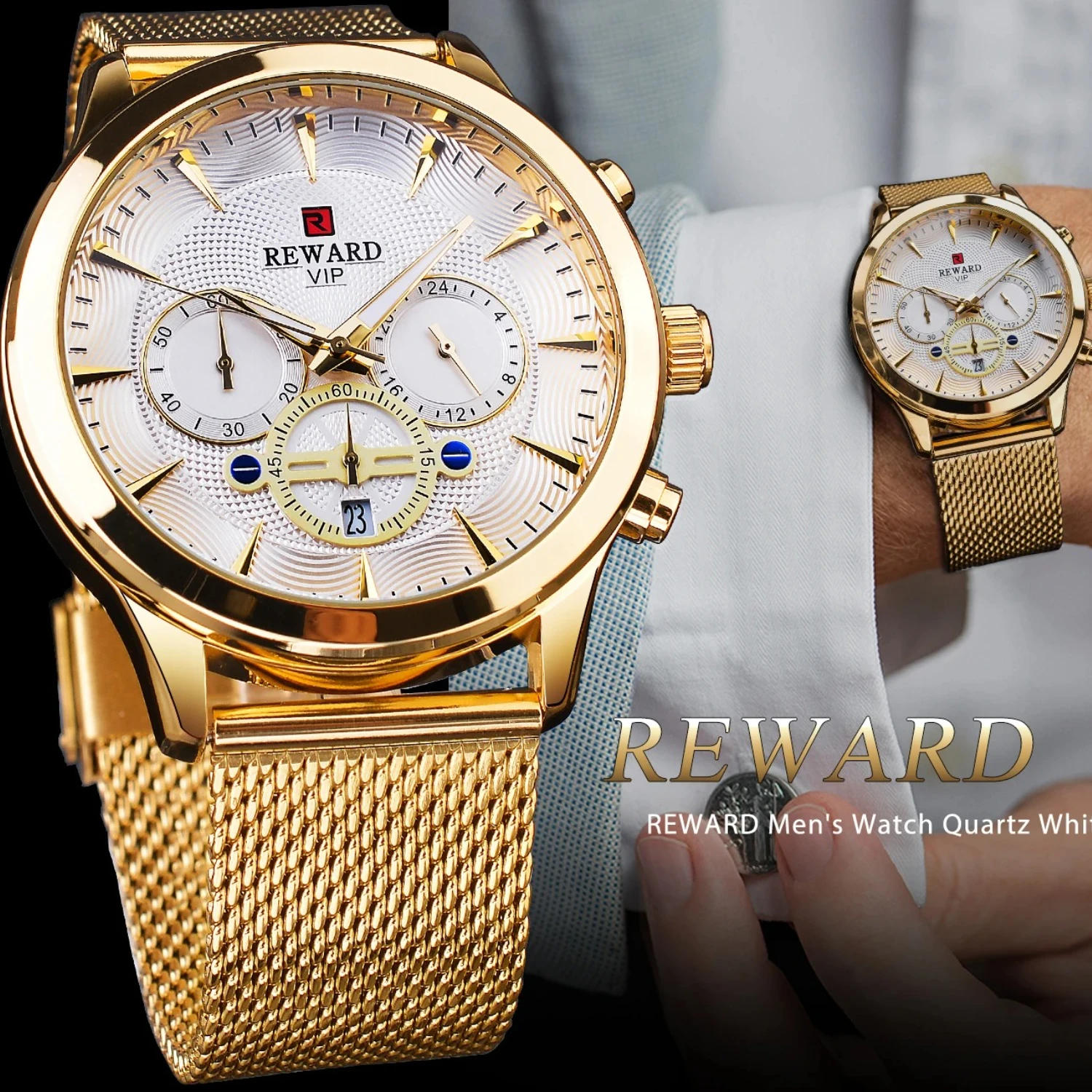 مكافأة 82008 ساعات الأعمال حركة الكوارتز أزياء الرجال الذهب الفولاذ المقاوم للصدأ ووتش الفاخرة التقويم ساعات كوارتز للرجل