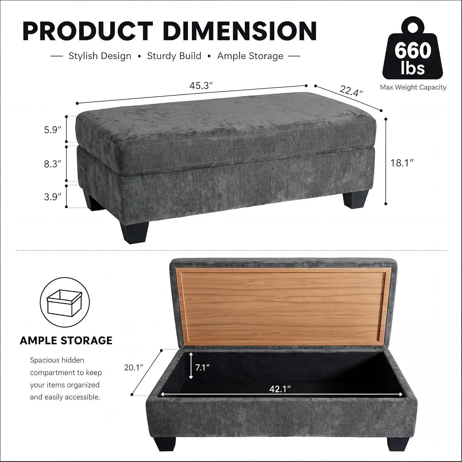45.3” Storage Ottoman with Reversible Wooden Tray Top, Coffee Table Ottoman Bench Upholstered Multifunctional Chenille Ottoman F