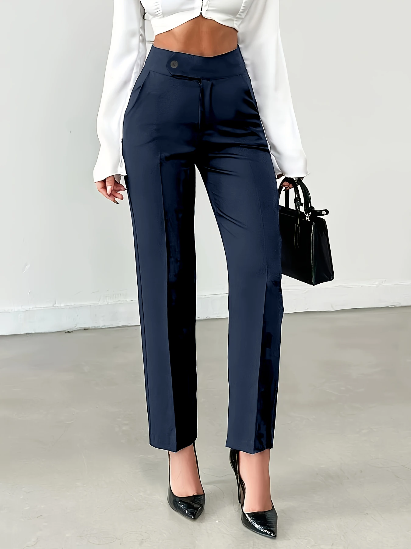 Women's Brown High Waist Straight Suit Pants | Euro Style Draped Flattering Office Work Cropped Trousers, Versatile