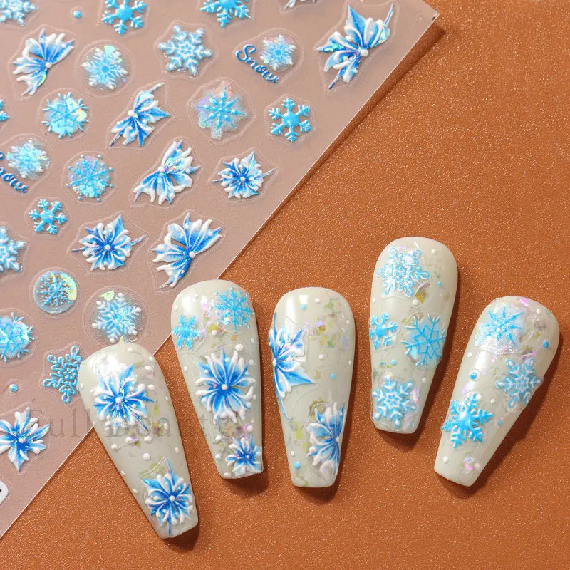 ملصقات أظافر منقوشة بنقشة زهور لعيد الميلاد خماسية ، منزلقات ، زهرة ليزر ، ورقة شجر ، شارات لاصقة ، ديكور مانيكير ، ندفات ثلج زرقاء لامعة ، عيد الميلاد