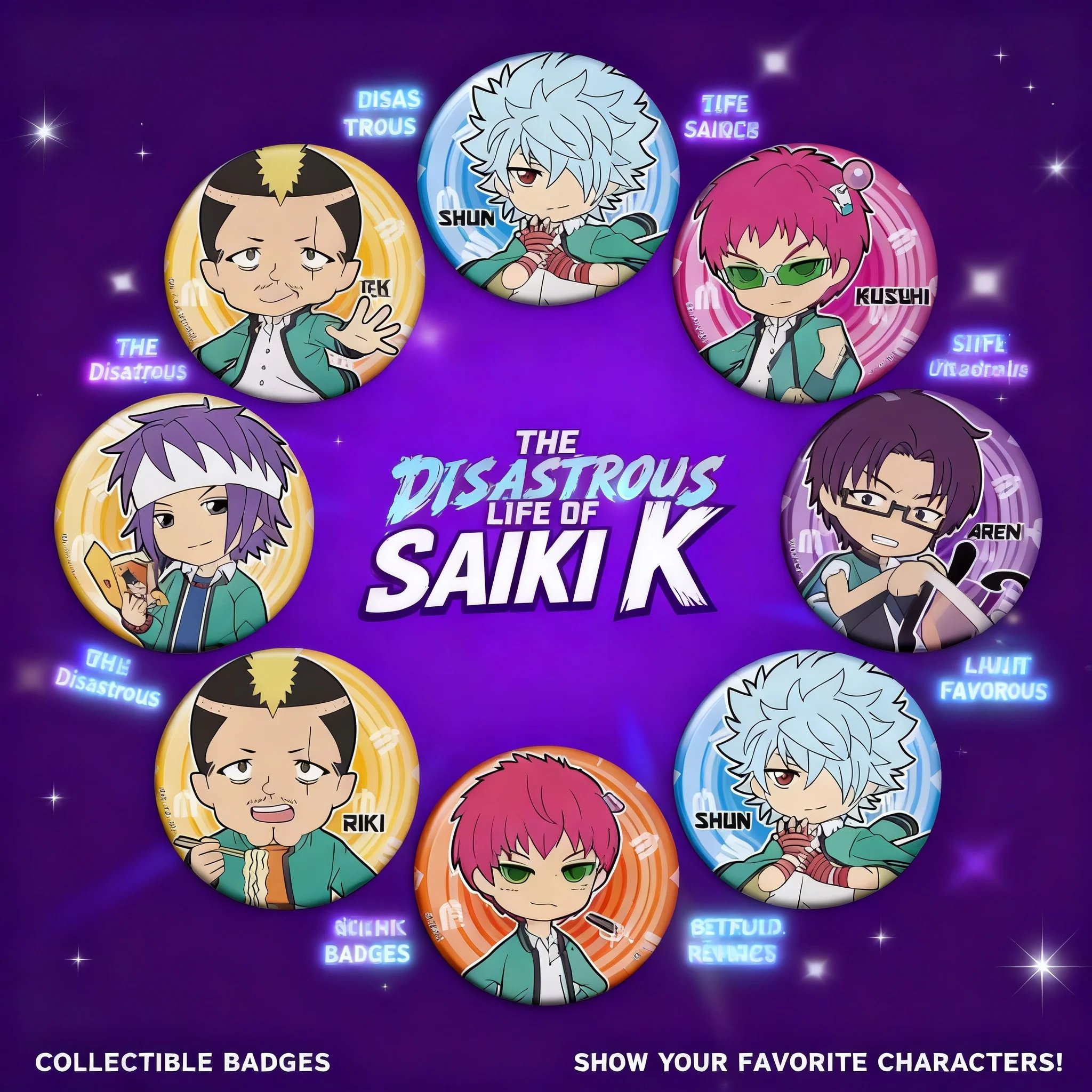 

Anime Badge 58mm The Disastrous Life of Saiki K Acrylic Pin Badge Button Anime Merchandise Gift for Fans Cosplay Accessories