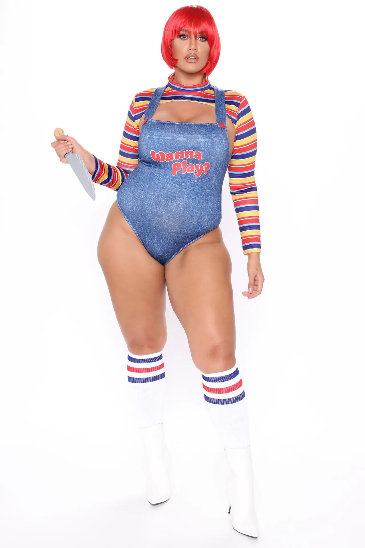 Conjunto de dos piezas para mujer, muñeca asesina de pesadilla aterradora, traje de personaje de película, disfraz de muñeca Chucky, conjunto de mono de Cosplay