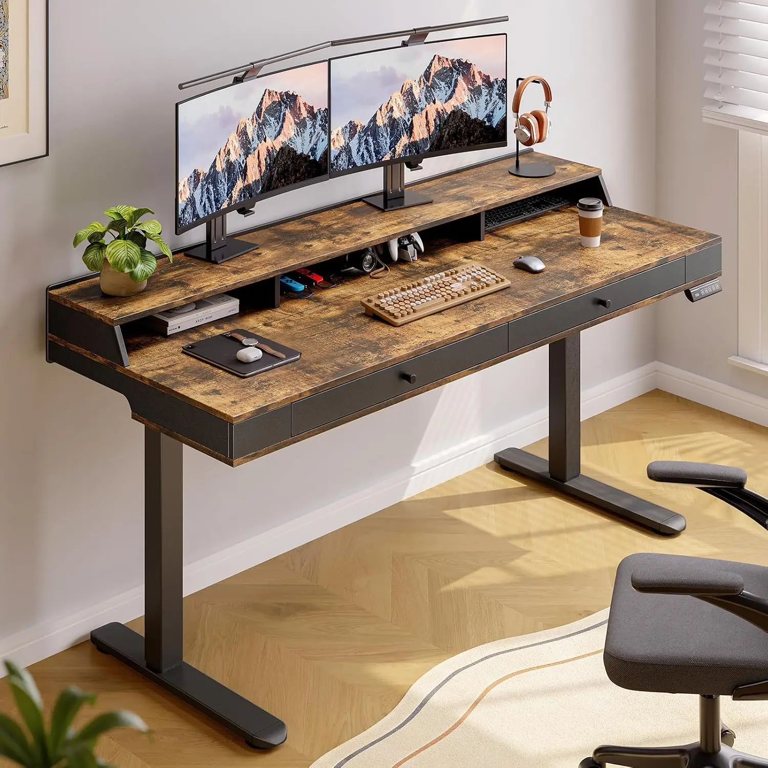 Electric Standing Desk with Drawers & Shelf, 63x23.6 Adjustable Height 28-46