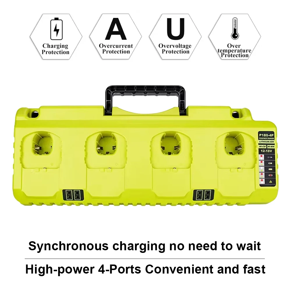 4 ports Replacement Charger for Ryobi NiCD NiMH Li-ion 12V 14.4V 18V Battery P107 P108 P108 ONE+ P110 fast charging 3A*4