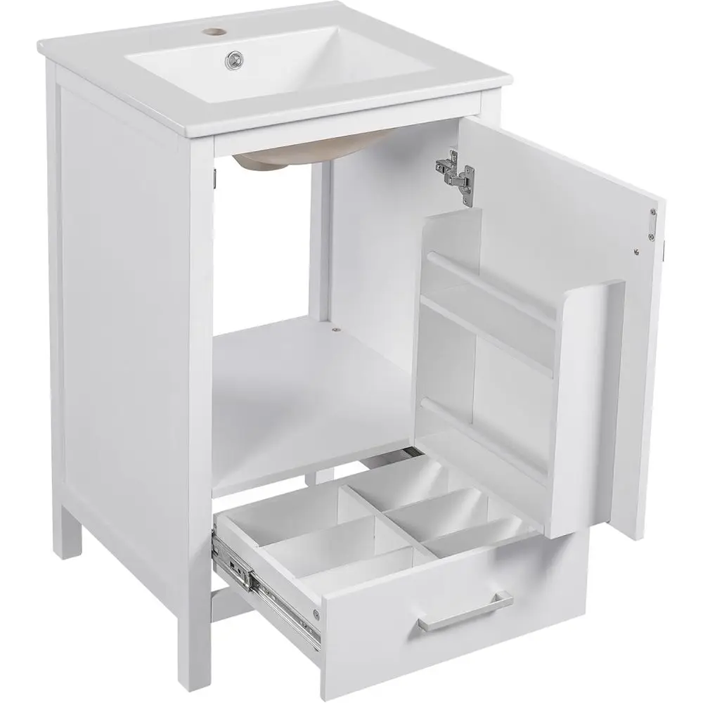 

20-Inch Space-Saving Bathroom Vanity with Ceramic Sink, Door, 2-Layer Organizer, and Adjustable Foot Pads