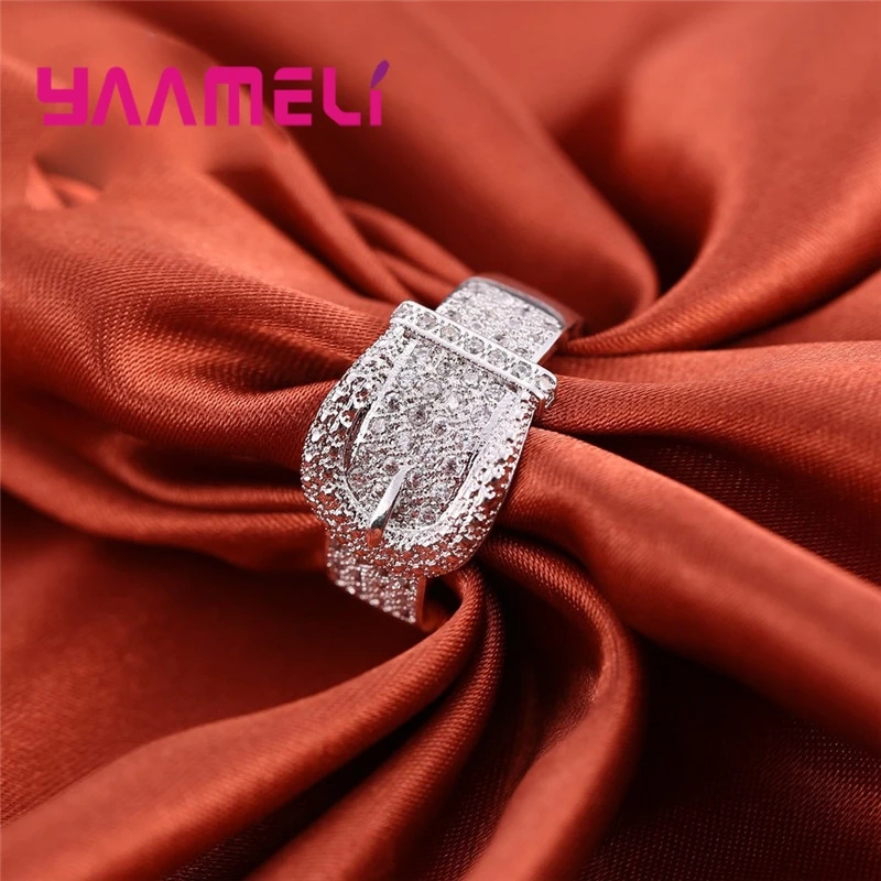 New Shiny 925 Serling Silver Color Belt Ring for Women Full Tiny Austrian Crystals Inlay Paved High Quality Hot Sale Jewelry