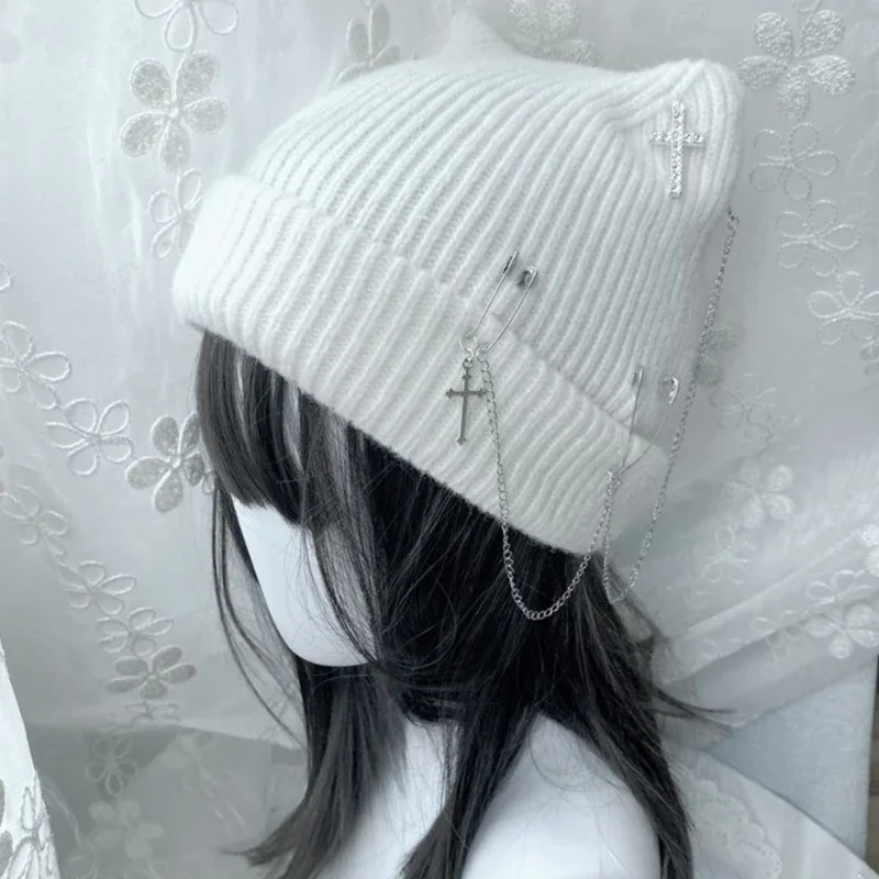 Gorro de punto gótico para mujer Y2K, gorro con orejas de gato hecho a mano, gorro de calavera de ganchillo, gorros de subcultura para adolescentes