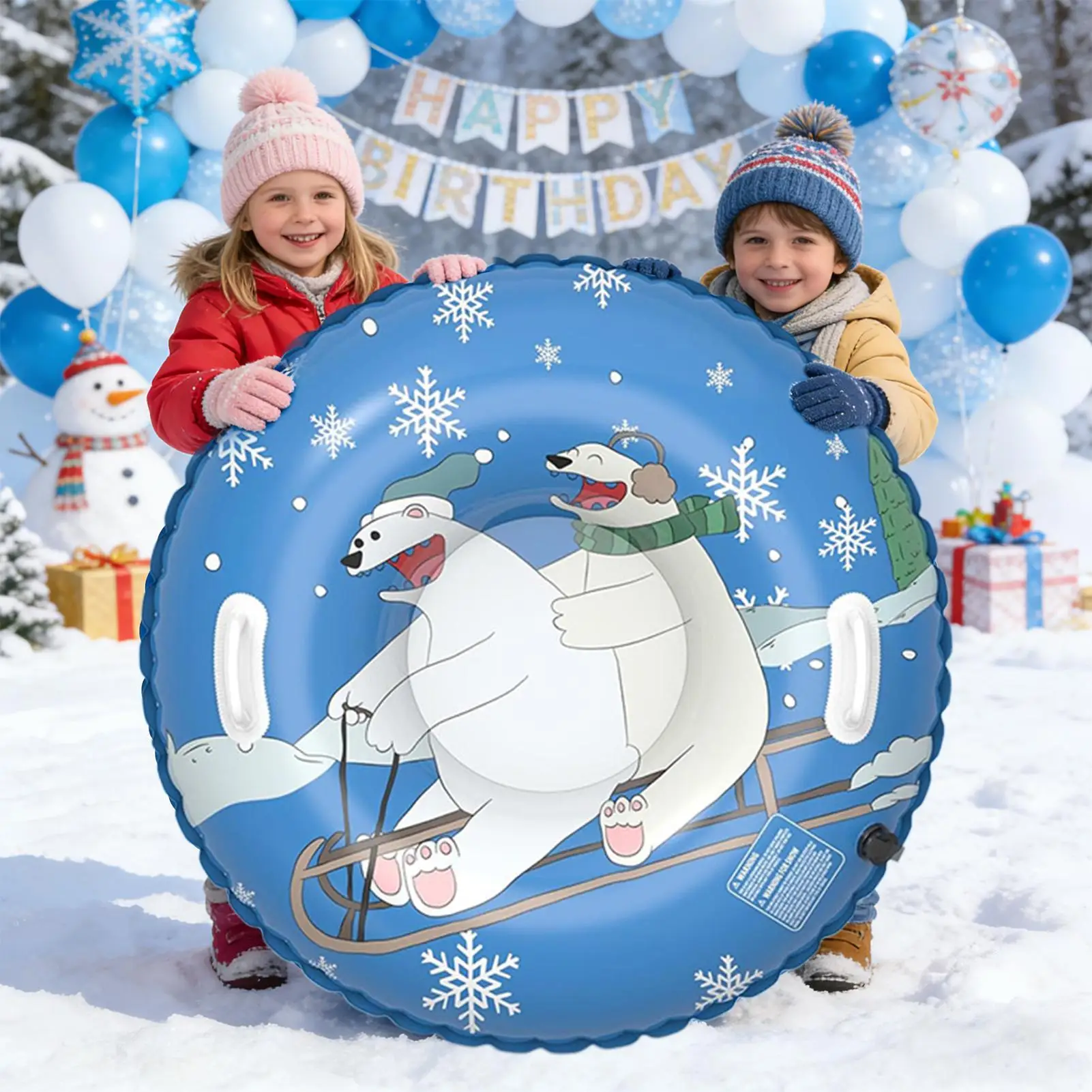 

Heavy Duty Thickened Snow Tube Sled with 2 Handles, Bear Design Winter Toy for Kids Family Outdoor Park Camping Snow Play