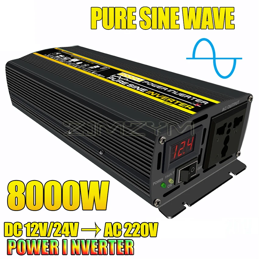 8000/6000W Pure Sine Wave Inverter Smart Digital Display Car Outdoor Power Outage DC12/24V to AC 220V Power Inverter