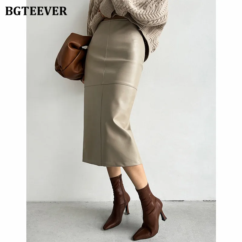 BGTEEVER Elegant Slim Split PU Leather Skirts for Women Office High Waist Skinny Package Hip Skirts Women