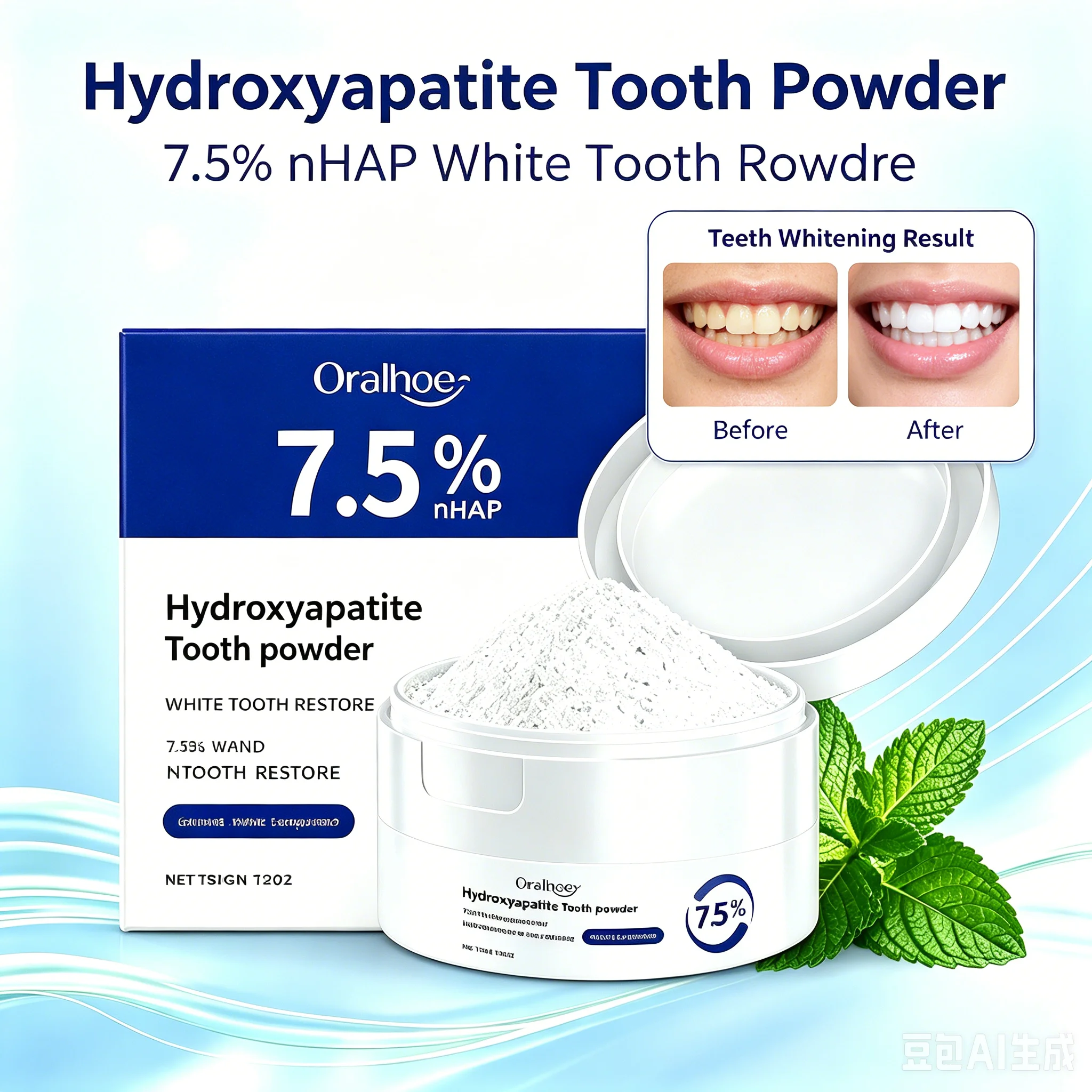 50g Oralhoe Teeth Whitening Powder Fluoride Free, Deep Clean Remove Yellow Stain Repair Enamel Freshen Breath Gentle Daily Care