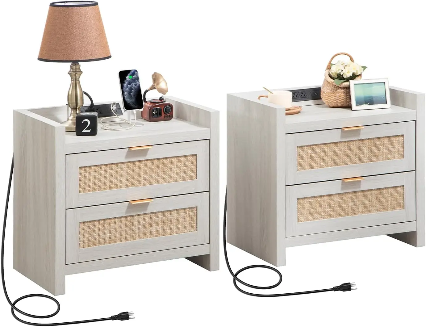 Night Stand Set of 2 Bed Side Table : Rattan Nightstand End Table with Type-C Charging Station, 2 Rattan Drawers Storage Boho Wo