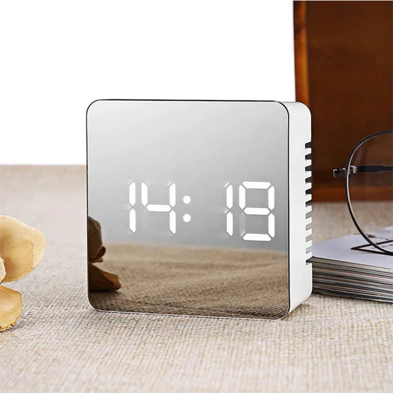 Square Alarm Clock Night Mode Snooze Mode Makeup Mirror LED Digital Electronic Multi Functional 2 Level Brightness  Alarm Clock