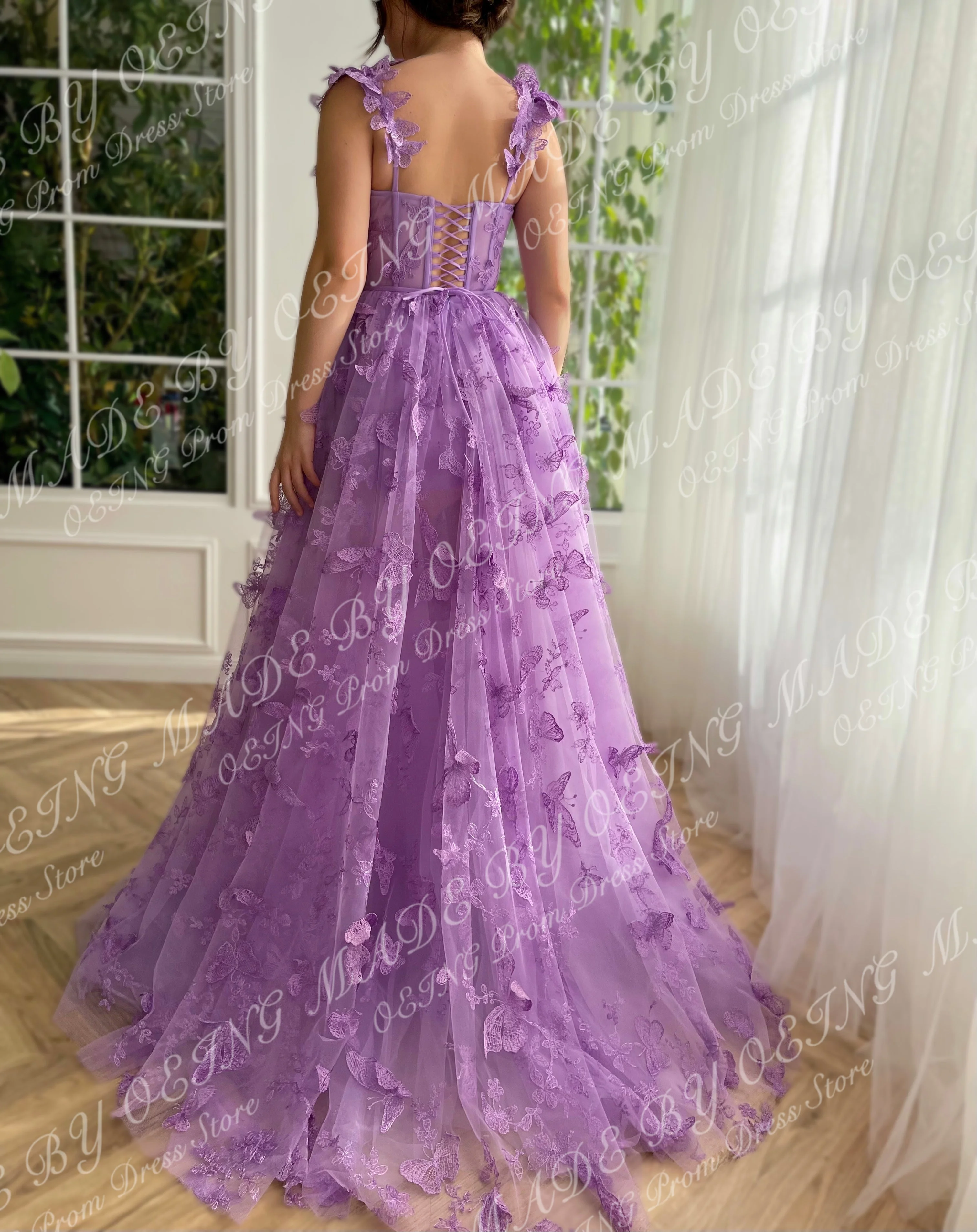 OEING Pastrol Purple Prom Dresses Fairy Spaghetti Strap 3D Butterfly Side Split Party Dress For Women Lace Up Back Evening Gowns