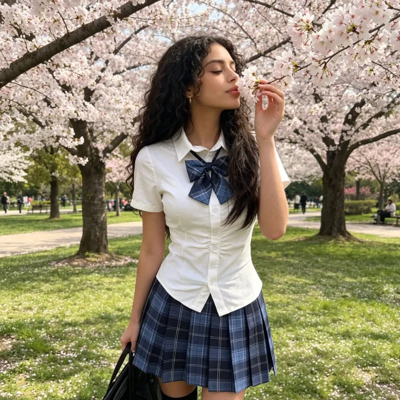 

Japanese Student Uniform Short Sleeved Waist Cinched Shirt+plaid Pleated Skirt Campus Commuting Comic Exhibition Uniform
