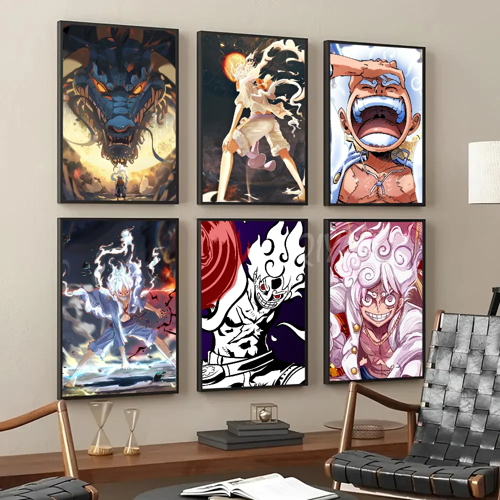 Anime Poster Self-adhesive Art Waterproof Paper Sticker Coffee House O-One-Piece Luffys Sun God Nika Bar Room Wall Decor