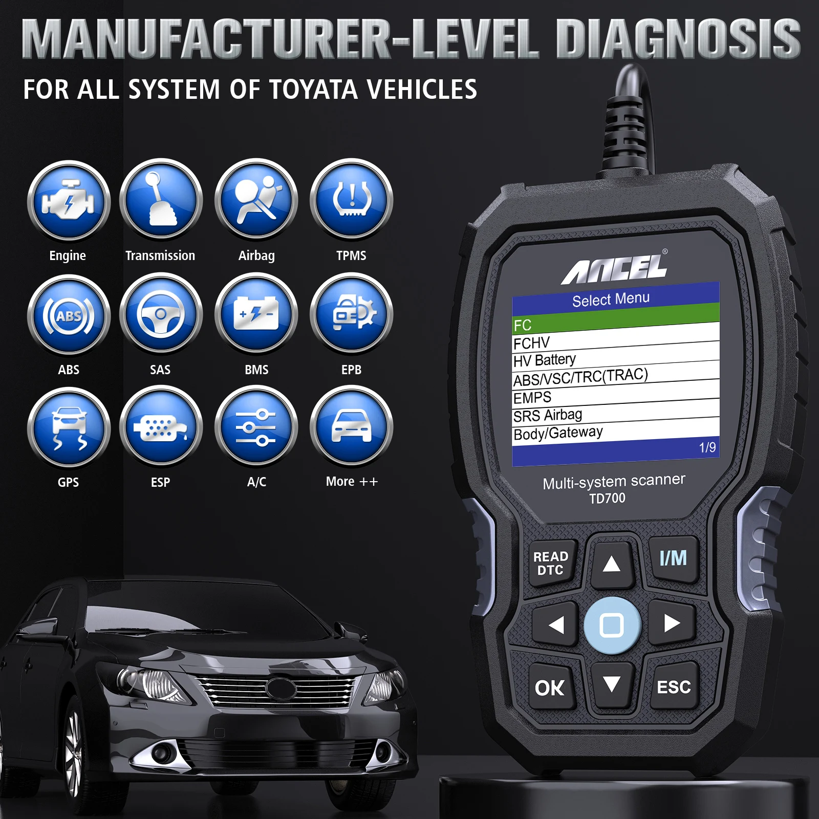 ANCEL TD700 OBD2 Scanner for Toyota Full System Transmission TPMS Relearn ABS Engine Car Diagnostic Scan Tool for /Lexus/Scion