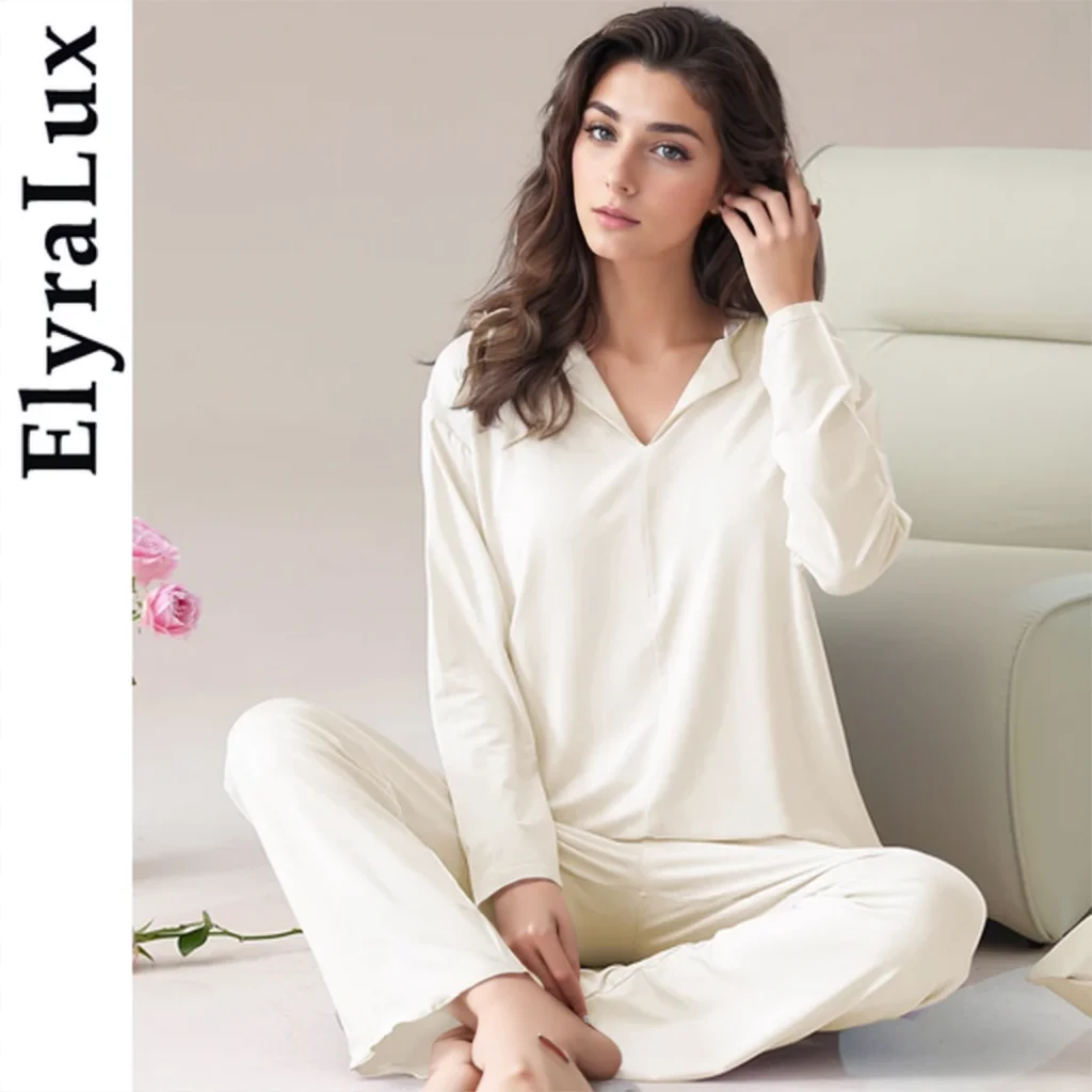 

ElyraLux Autumn Pajamas Sets Women Long Sleeve Pants Modal Ladies' Large Size Spring Outwear Home Cloth Suit V-Neck Sleepwear