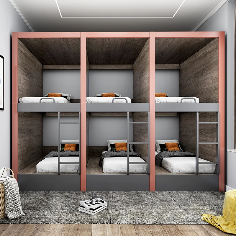 Modern hostel college student bunk bed wooden dormitory capsule bed double loft bed with slide