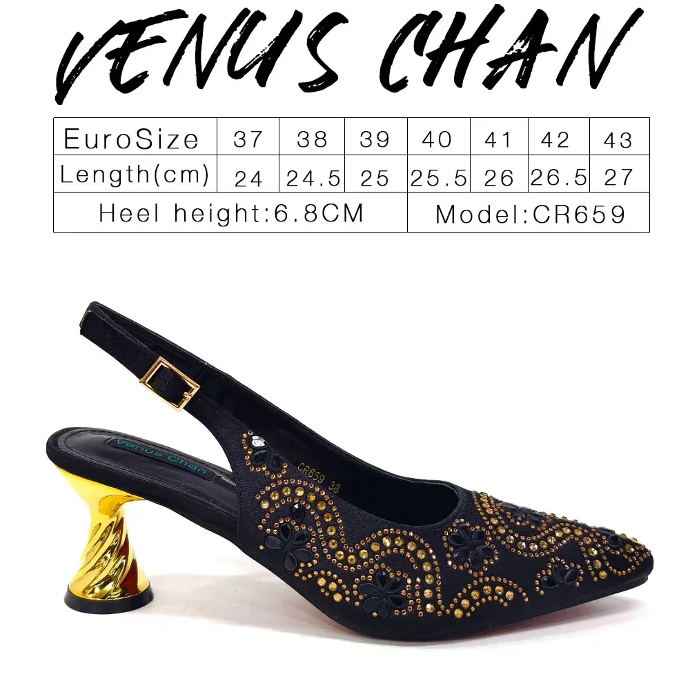 Venus Chan 2024 New Black Color Party Shoe and Bag Set for Women Italy Pointed-Toe Rhinestone Pumps Shoes for Women High Heels