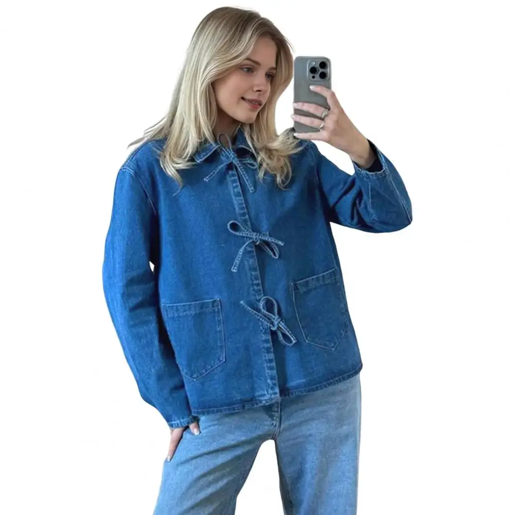 

2024 Spring Women Lace Up Bow Denim Shirt Casual Long Sleeve Pocket Turn-down Collar Loose Blouses Top Solid Office Lady Clothes