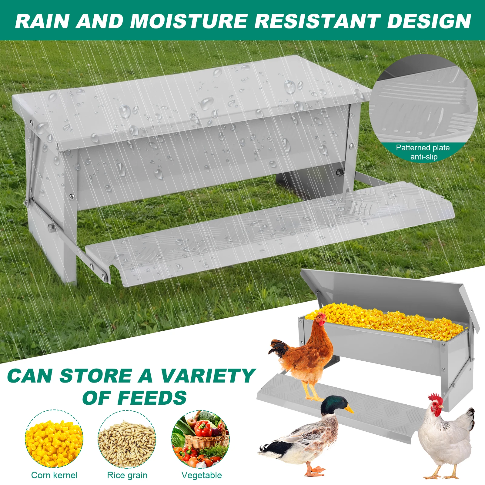 

Automatic Chicken Feeder with Weatherproof Lid Rat Proof Chicken Feeder Metal Chicken Feeder for Chickens Ducks and Geese