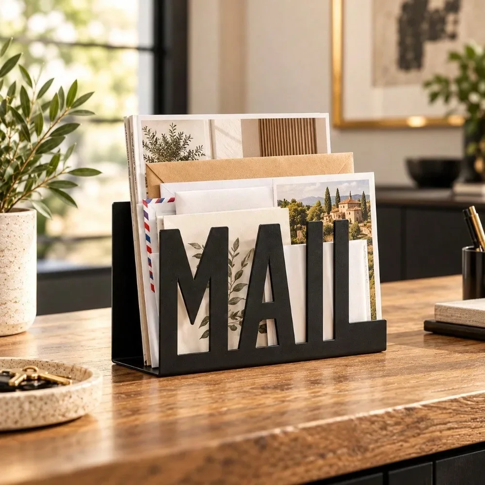 Minimalist Black Metal Mail Organizer, Modern Desktop Letter Holder With Cutout MAIL Design, Decorative Envelope Sorter For Home Office Desk, Entryway Countertop And Small Space Storage