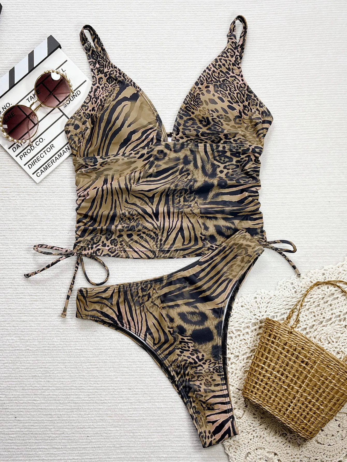 

sexy leopard print drawstring deep v-neck vest bikinis sets two pieces high waist thong swimsuit bathing suit swimwear biquini