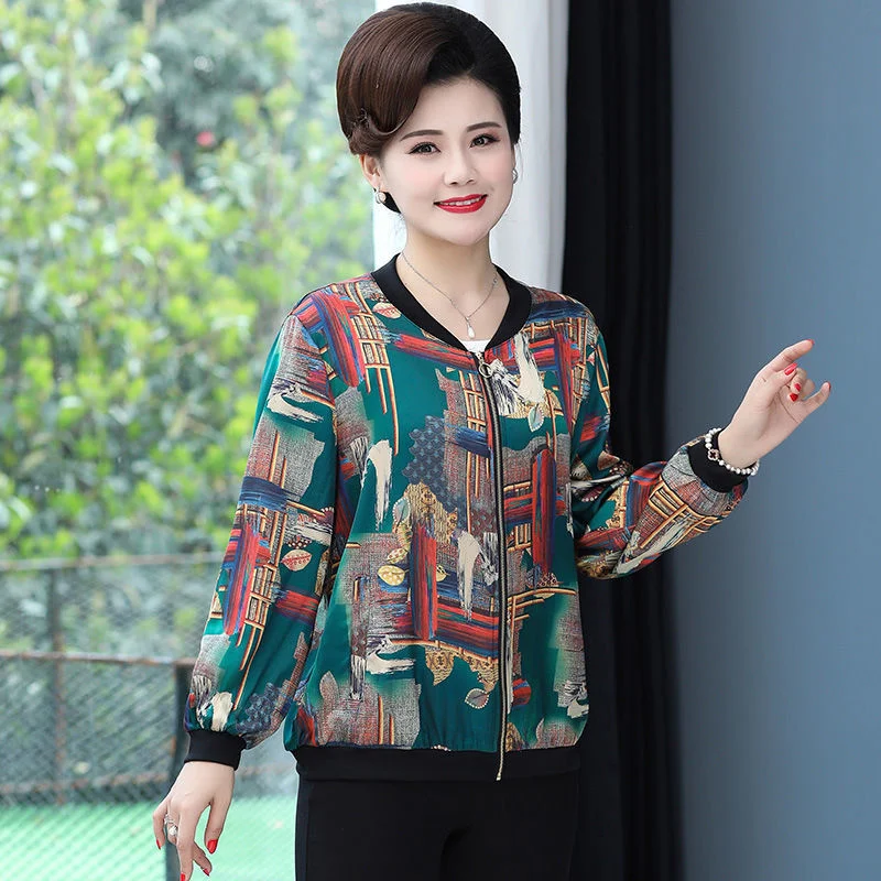 

Spring Autumn Women New Middle-Aged Elderly Printing Temperament Round Neck Foreign Mother Baseball Uniform Loose Silk Jacket