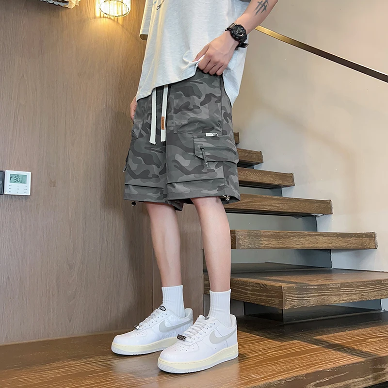 Summer Elastic High Waisted Zipper Drawstring Camouflage Geometric Pockets Casual Cargo Men's Clothing England Style Shorts