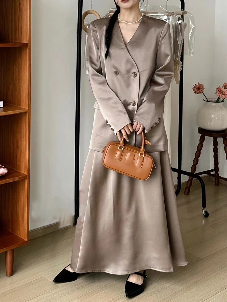 LANMREM-Ensemble de olympiques en satin pour femmes, blazers croisés à col en V, jupe longue taille haute, vêtements élégants, été, nouveau, 2024,