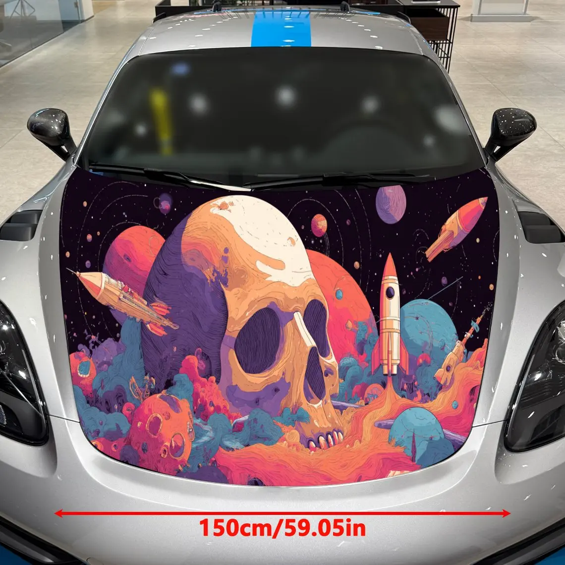 Space Skull Car Hood Wrap, Retro Rocket & Planets Car Hood Decal, Sci - Fi Auto Cover Sticker, Waterproof and Self-adhesive Car