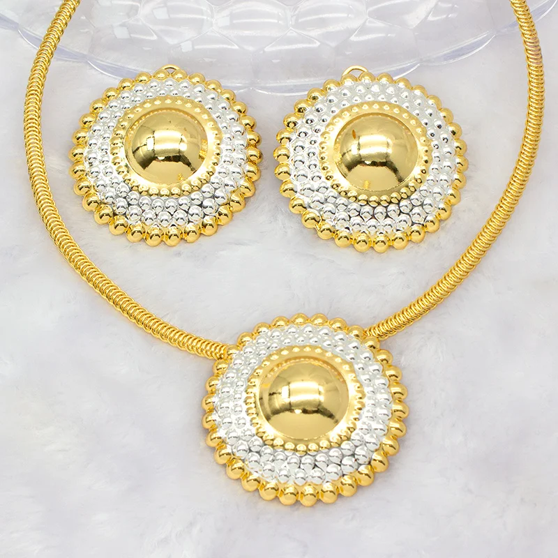 

Fashion Jewelry Sets Women Circle Round Earrings Pendant Set African Dubai 24K Gold Silver Plated Necklace For Bridal Wedding