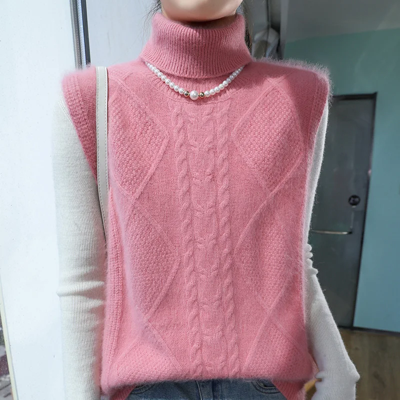 100% Mink Fur Women's Long Hair High Collar Pullover Vest Autumn Winter Thick Casual Fashion Knitted Sleeveless Sweater