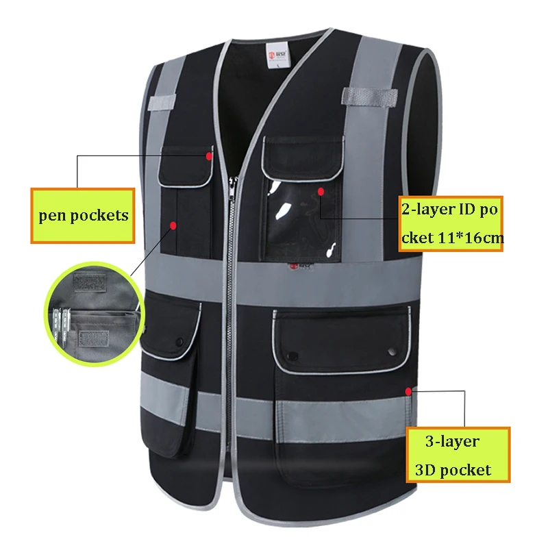 Safety Vest Reflective High Visibility Vest Pockets Zipper Construction Security Working Vest Black Reflective Vest for Men