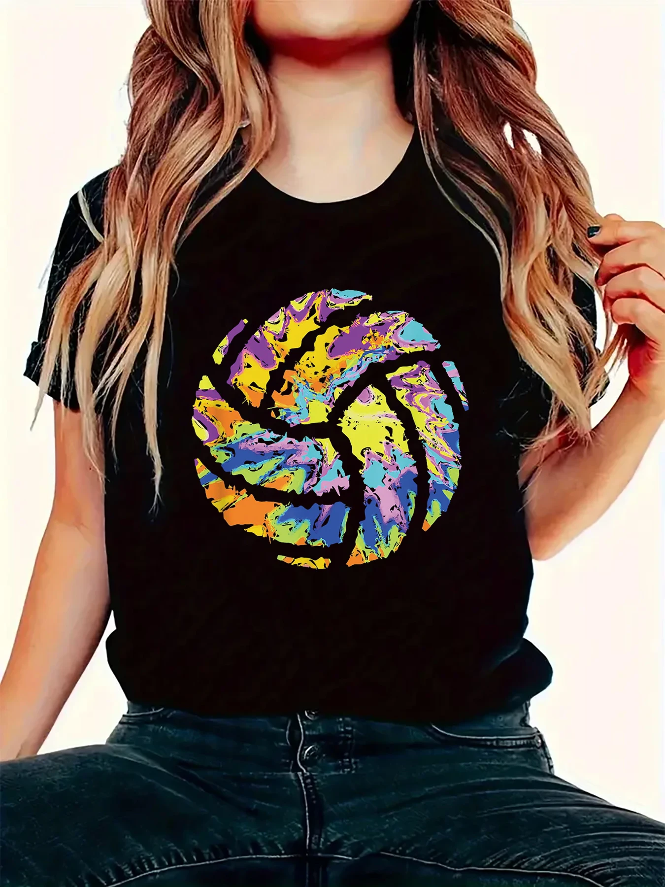 Colorful Volleyball Tie Dye Women Girl Player Short Sleeve Pattern Women's Summer T-Shirt Women's Printed Summer T-Shirt Tops