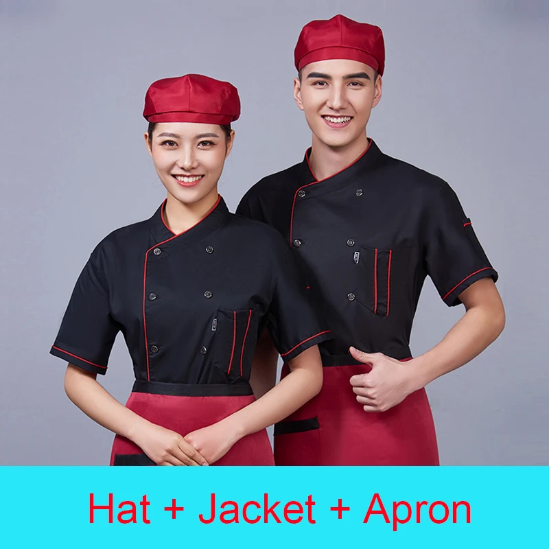 

Catering Short Sleeve Kitchen Jacket Hotel Chef Clothes Restaurant Cook Work Uniform Cafe Waiter Apron Bakery Cooking Cap