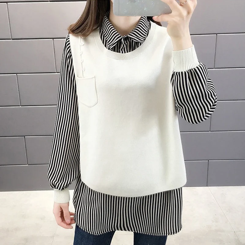 Nouveau Faux deux pièces chemises femmes printemps automne coréen mélange couleur rayé pulls pour femme col rabattu pull femme